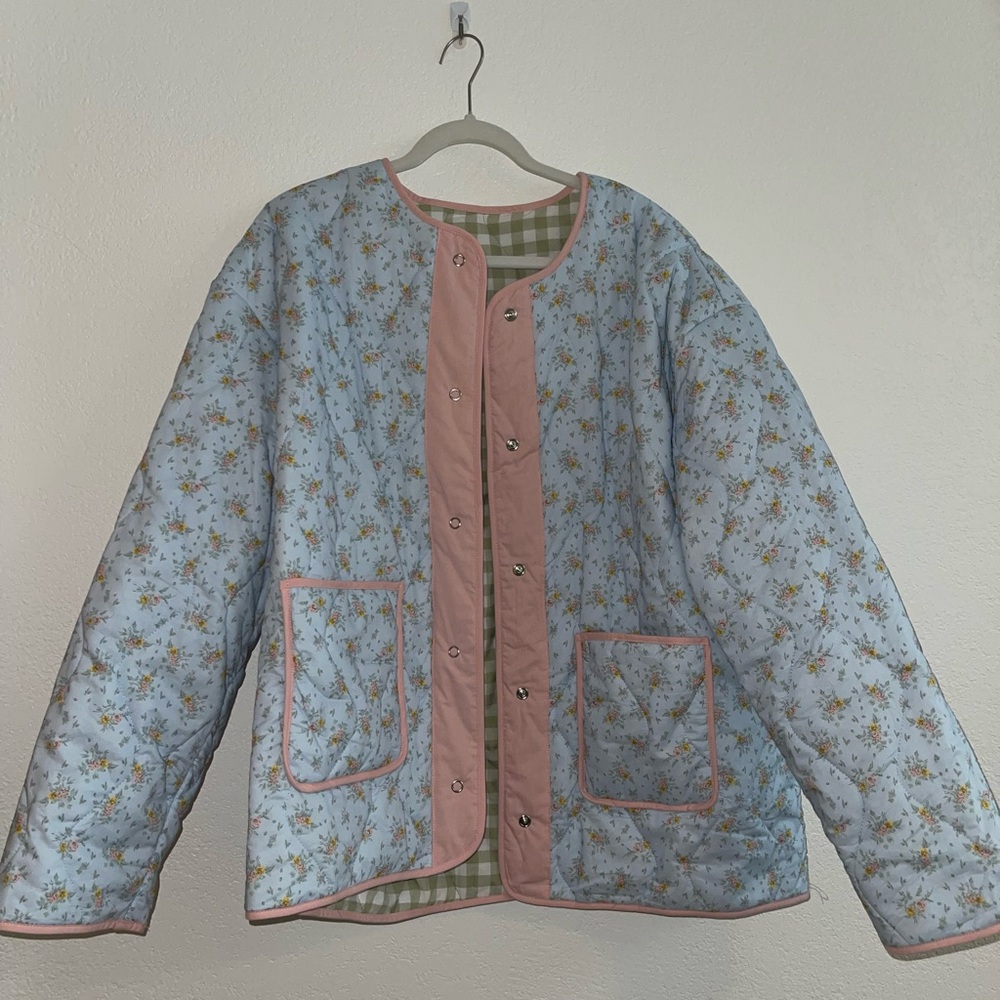 In Bloom Blue and Pink Floral/Green Gingham Reversible Quilted Jacket (NWOT)